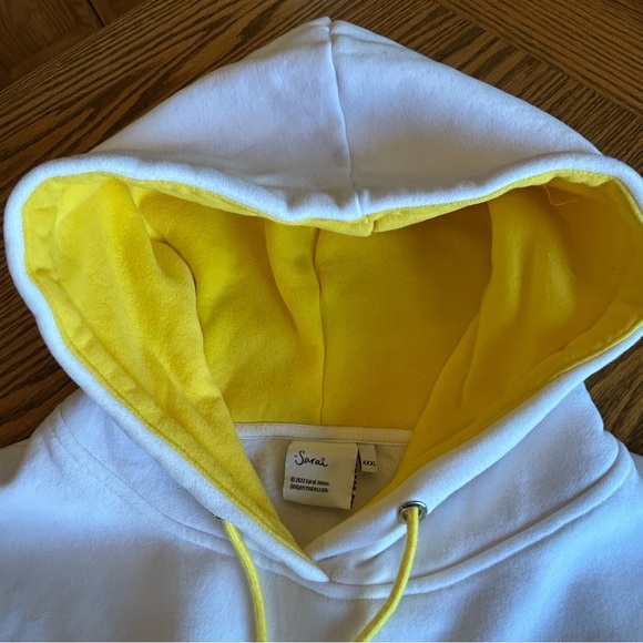 Sarai Baggy White Sweatshirt with Yellow Hood Lining Colorful Text Size XXL - Picture 6 of 12